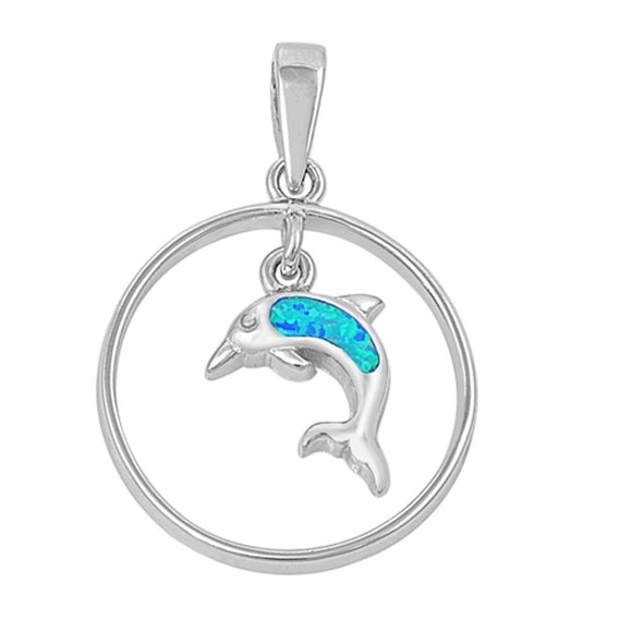 Dangling Dolphin Hoop Pendant Blue Simulated Opal .925 Sterling Silver Charm