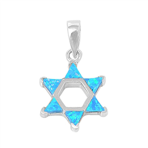 Star of David Pendant Blue Simulated Opal .925 Sterling Silver Religious Charm