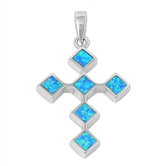 Geometric Deco Cross Pendant Blue Simulated Opal .925 Sterling Silver Charm