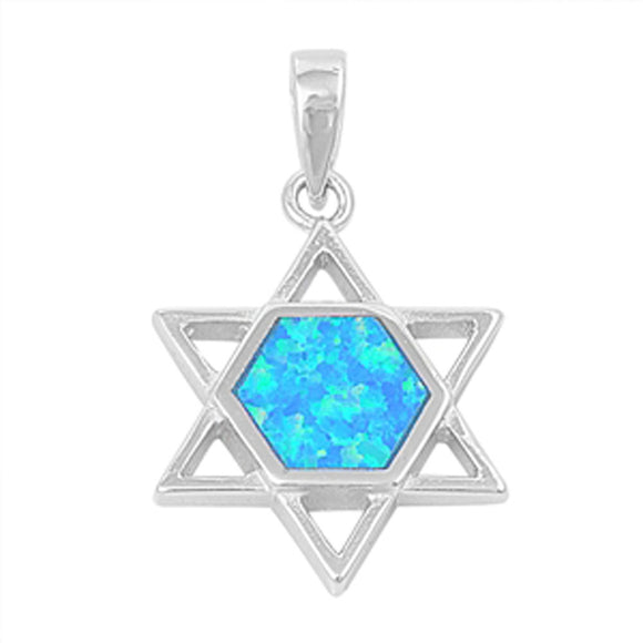 Star of David Pendant Blue Simulated Opal .925 Sterling Silver Cutout Charm