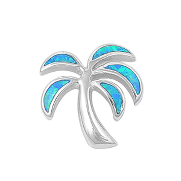 Tropical Palm Tree Pendant Blue Simulated Opal .925 Sterling Silver Ocean Charm