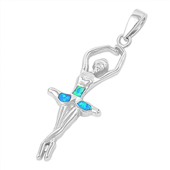 Dancing Ballerina Pendant Blue Simulated Opal .925 Sterling Silver Dancer Charm