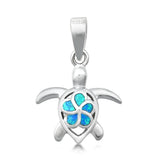 Plumeria Turtle Pendant Blue Simulated Opal .925 Sterling Silver Flower Charm