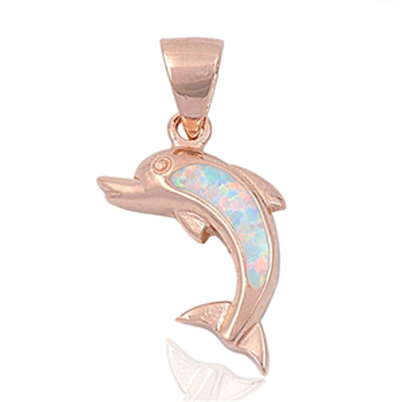 Sterling Silver Animal Rose Gold-Tone Dolphin Pendant White Simulated Opal Charm