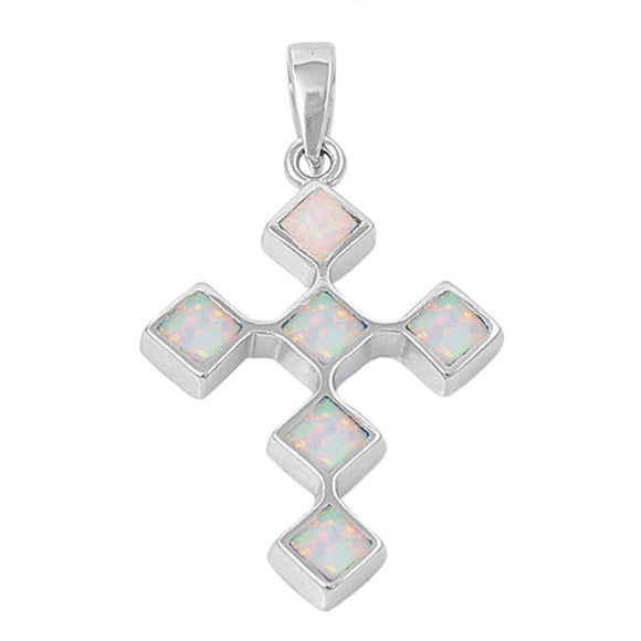 Elegant Connected Cross Pendant White Simulated Opal .925 Sterling Silver Charm
