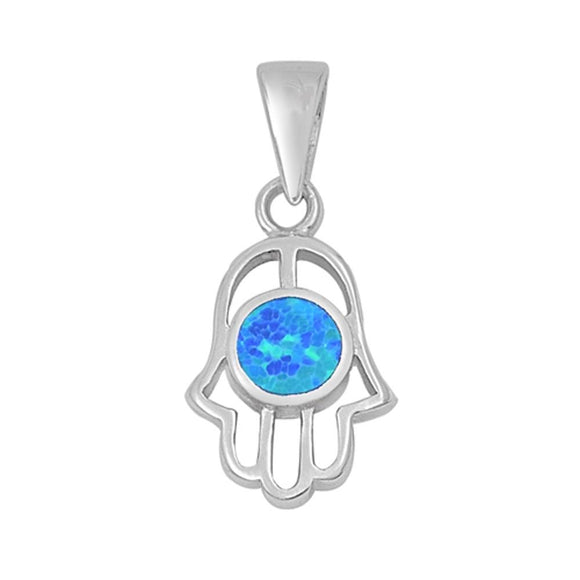 High Polish Hand of God Pendant Blue Simulated Opal .925 Sterling Silver Charm