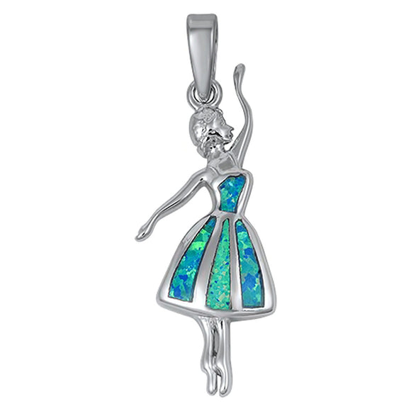 Elegant Pointe Ballerina Pendant Blue Simulated Opal .925 Sterling Silver Charm