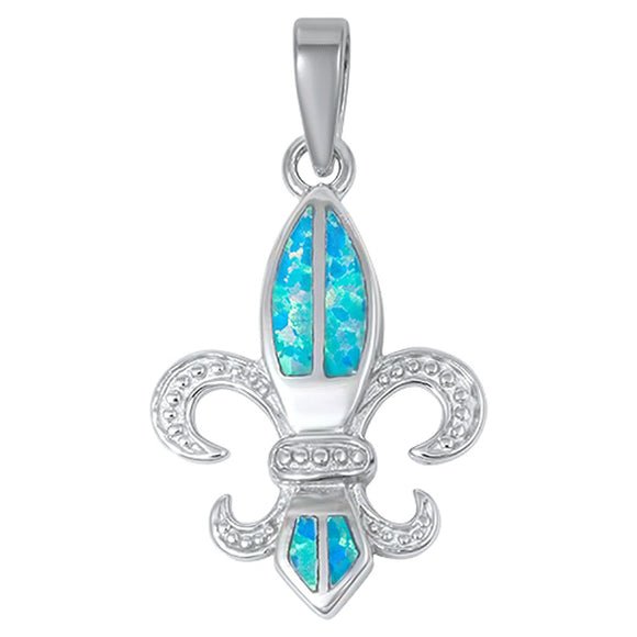 Sparkly Fleur De Lis Pendant Blue Simulated Opal .925 Sterling Silver Charm