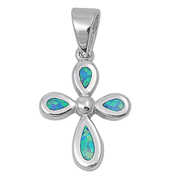 Sterling Silver Classic Blue Synthetic Opal Cross Pendant Christian Charm 925