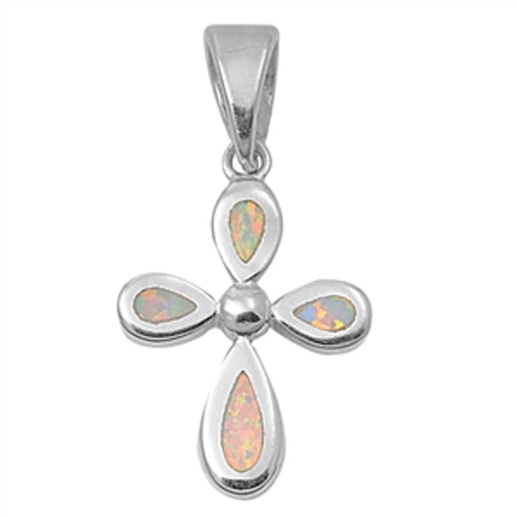 Sterling Silver Beautiful White Synthetic Opal Cross Pendant Christian Charm 925