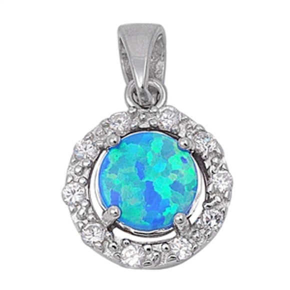 Sterling Silver Wholesale Blue Synthetic Opal Clear CZ Pendant Halo Charm 925