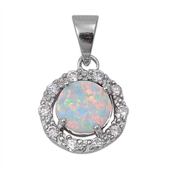 Sterling Silver Cute White Synthetic Opal Clear CZ Pendant Halo Charm 925 New