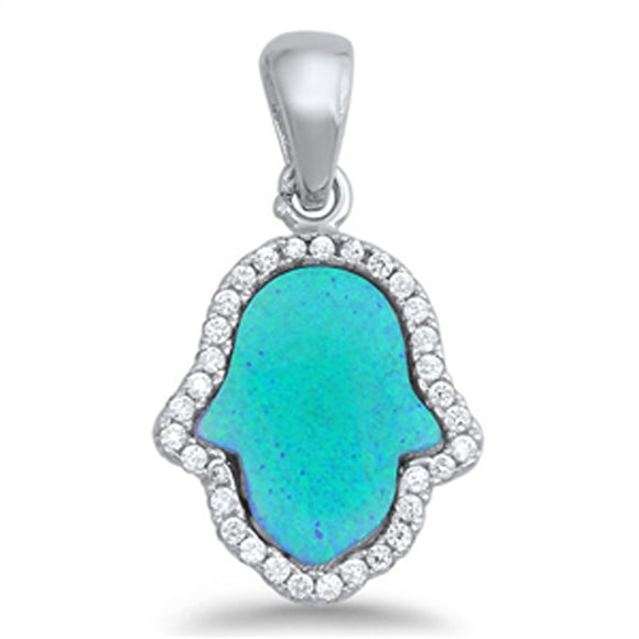 Sterling Silver Abstract Double Thumb Hamsa Pendant Blue Simulated Opal Charm
