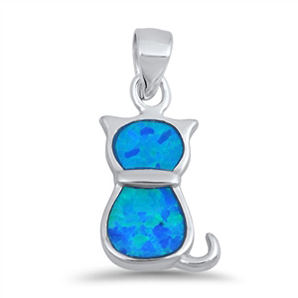 Cute Tiny Cat Silhouette Pendant Blue Simulated Opal .925 Sterling Silver Charm