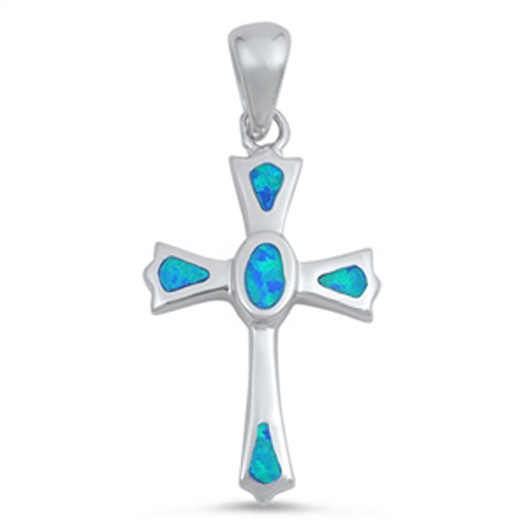High Polish Cross Pendant Blue Simulated Opal .925 Sterling Silver Simple Charm