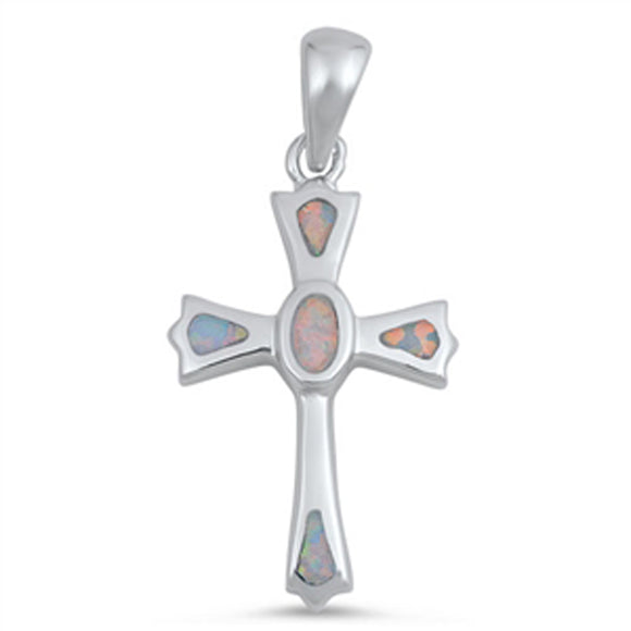 Tapered Cross Pendant White Simulated Opal .925 Sterling Silver Budded Charm