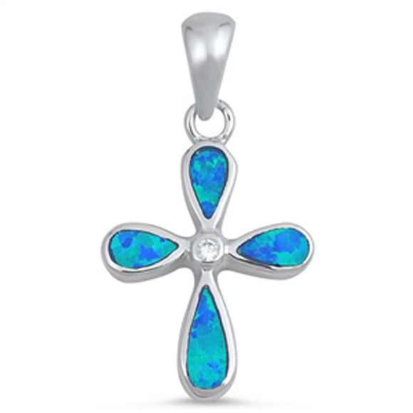 Rounded Flower Cross Pendant Blue Simulated Opal .925 Sterling Silver Charm