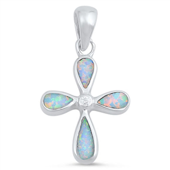 Curved Teardrop Cross Pendant White Simulated Opal .925 Sterling Silver Charm