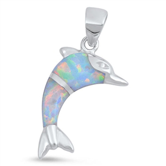 Animal Jumping Dolphin Pendant White Simulated Opal .925 Sterling Silver Charm