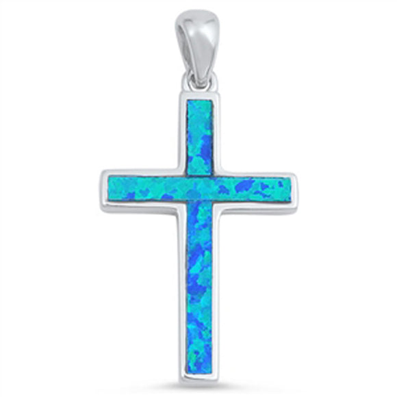Narrow Traditional Cross Pendant Blue Simulated Opal .925 Sterling Silver Charm