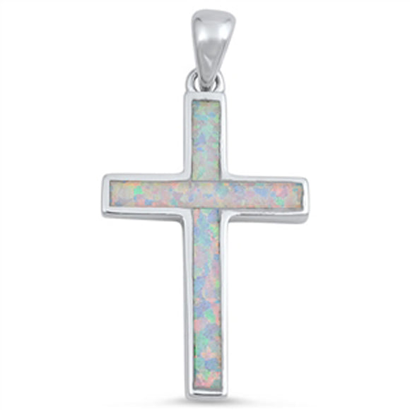 Long Narrow Cross Pendant White Simulated Opal .925 Sterling Silver Charm