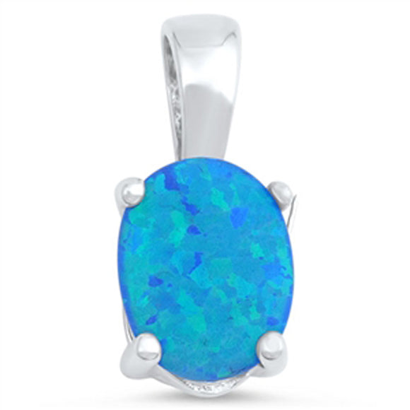 Tiny Oval Solitaire Pendant Blue Simulated Opal .925 Sterling Silver Cute Charm