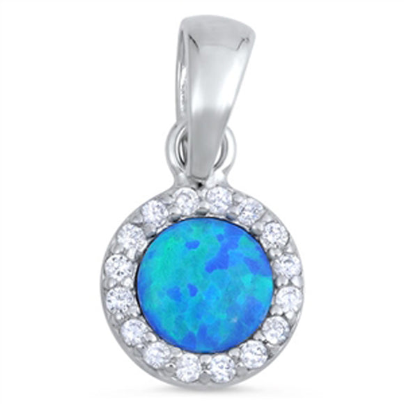 Studded Halo Circle Pendant Blue Simulated Opal .925 Sterling Silver Tiny Charm