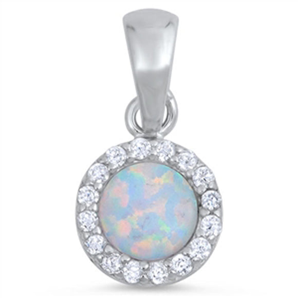 Sterling Silver Fancy Halo Circle Detailed White Simulated Opal Pendant Charm