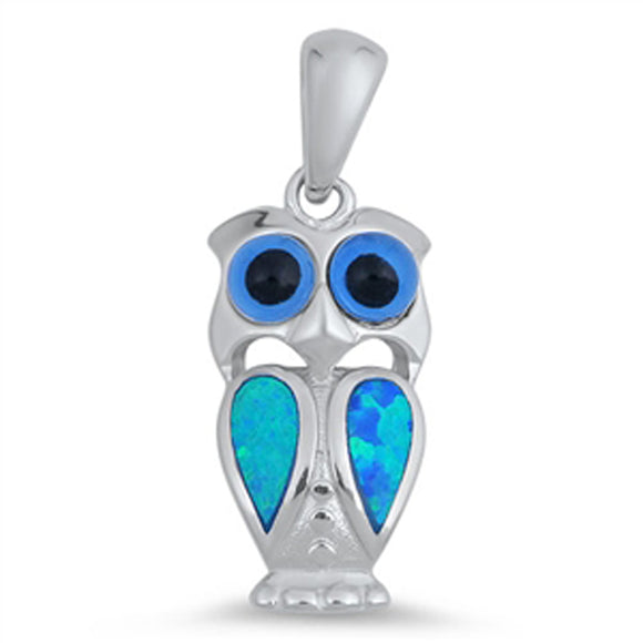 Bird Wide Eyed Owl Pendant Blue Simulated Opal .925 Sterling Silver Animal Charm