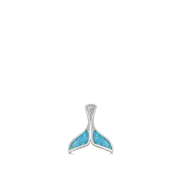 Sterling Silver Blue Synthetic Opal Clear CZ Whale Tail Pendant Ocean Charm 925