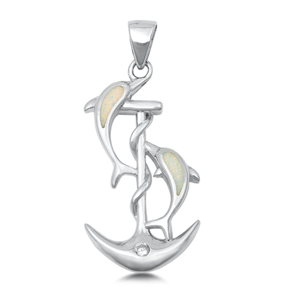 Sterling Silver White Synthetic Opal Dolphin Anchor Pendant Nautical Ocean Charm