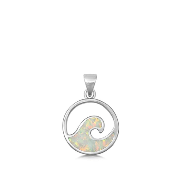 Sterling Silver White Synthetic Opal Ocean Wave Pendant Round Circle Charm 925