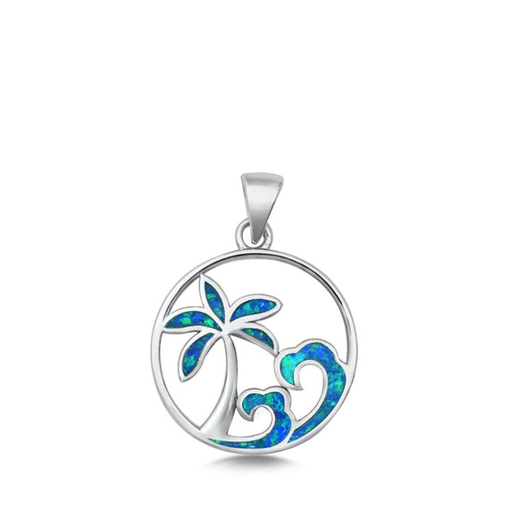 Sterling Silver Blue Synthetic Opal Island Pendant Tropical Palm Tree Charm