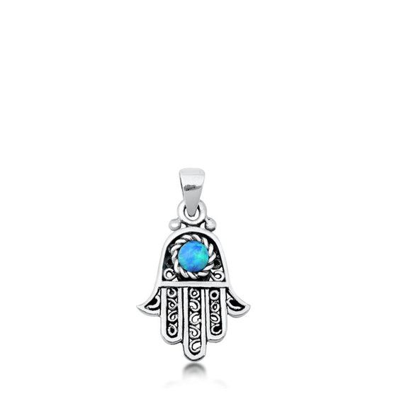 Sterling Silver Light Blue Synthetic Opal Hamsa Pendant Hand of God Boho Charm