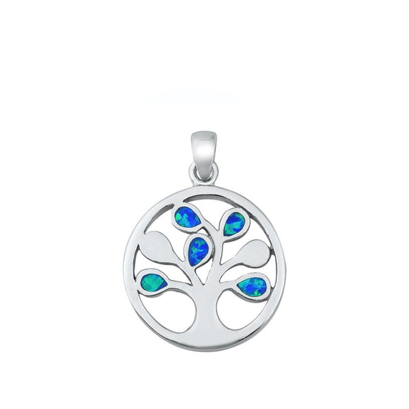 Sterling Silver Blue Synthetic Opal Tree of Life Pendant Minimalist Leaf Charm