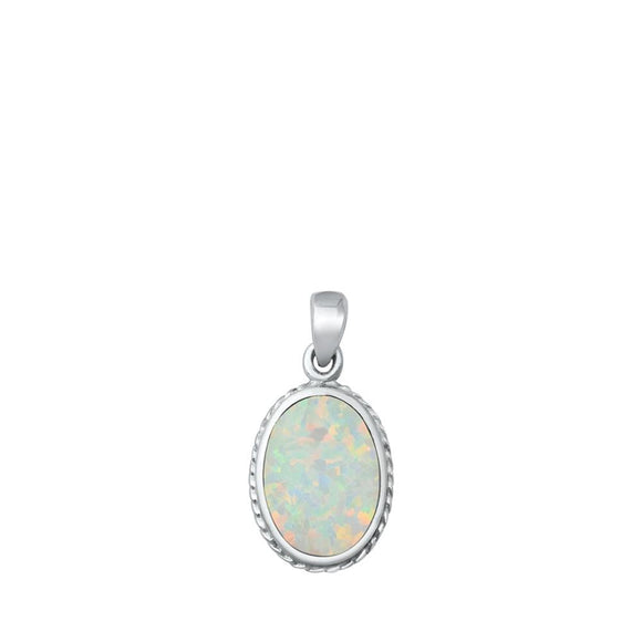 Sterling Silver Classic White Synthetic Opal Oval Pendant Rope Halo Charm 925