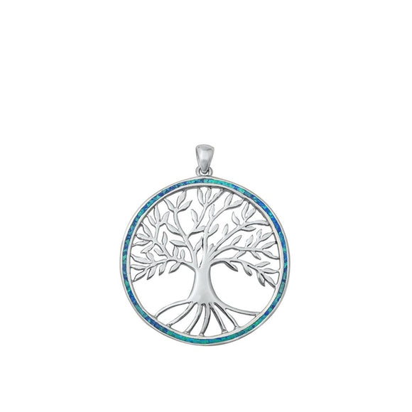 Sterling Silver Blue Synthetic Opal Tree of Life Pendant Medallion Branch Charm