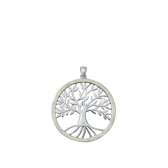 Sterling Silver White Synthetic Opal Tree of Life Pendant Medallion Charm 925