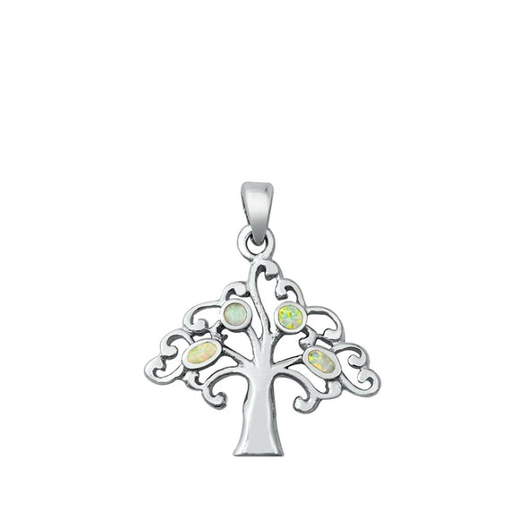 Sterling Silver White Synthetic Opal Swirl Tree Pendant Unique Nature Charm 925
