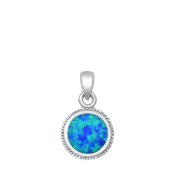 Sterling Silver Classic Blue Synthetic Opal Pendant Round Rope Halo Charm 925