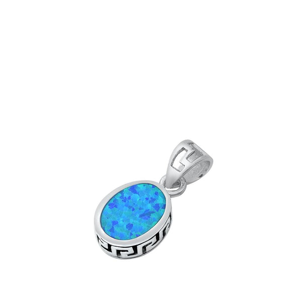Sterling Silver Blue Synthetic Opal Oval Pendant Greek Key Simple Unique Charm