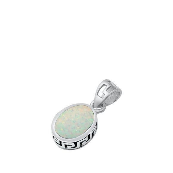 Sterling Silver White Synthetic Opal Oval Pendant Greek Key Unique Charm 925 New