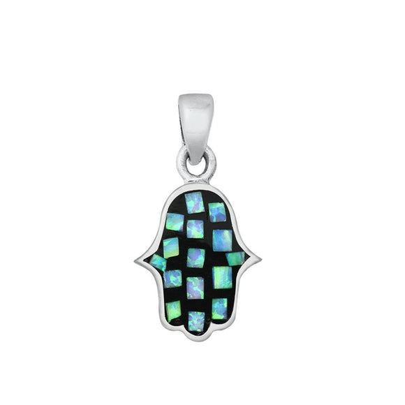 Sterling Silver Blue Synthetic Opal Hamsa Hand Pendant Simple Mosaic Charm 925