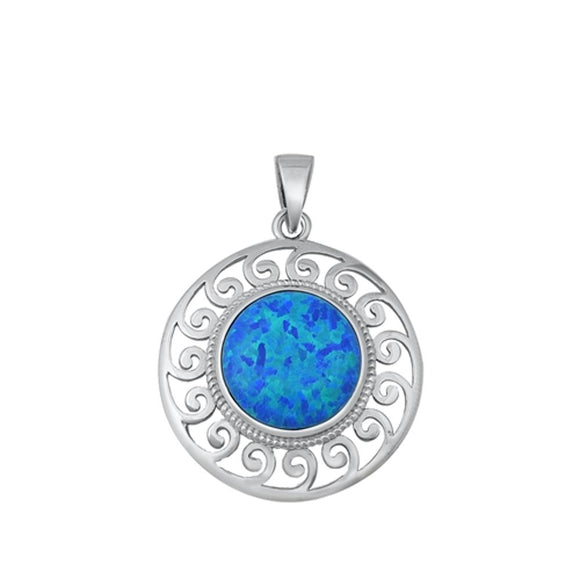 Sterling Silver Blue Synthetic Opal Sun Medallion Pendant Wave Swirl Curl Charm
