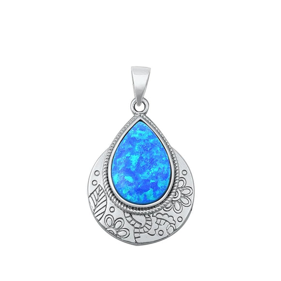 Sterling Silver Blue Synthetic Opal Etched Boho Teardrop Pendant Flower Charm