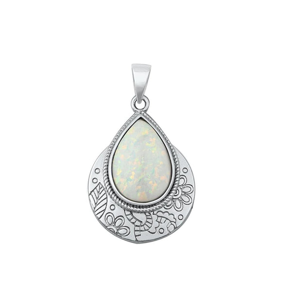 Sterling Silver White Synthetic Opal Etched Boho Drop Pendant Rope Halo Charm