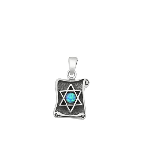 Sterling Silver Blue Synthetic Opal Star of David Scroll Pendant Antiqued Charm