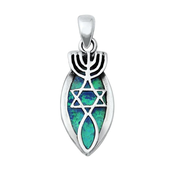 Sterling Silver Light Blue Synthetic Opal Star of David Pendant Jewish Charm 925