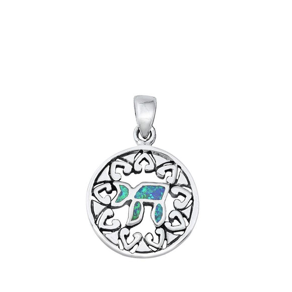 Sterling Silver Blue Synthetic Opal Chai Jewish Medallion Pendant Charm 925 New