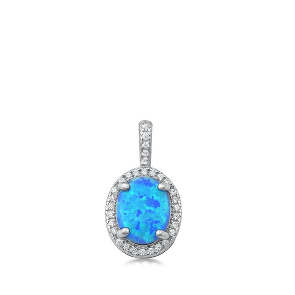 Sterling Silver Elegant Blue Synthetic Opal Oval Pendant Statement Halo Charm